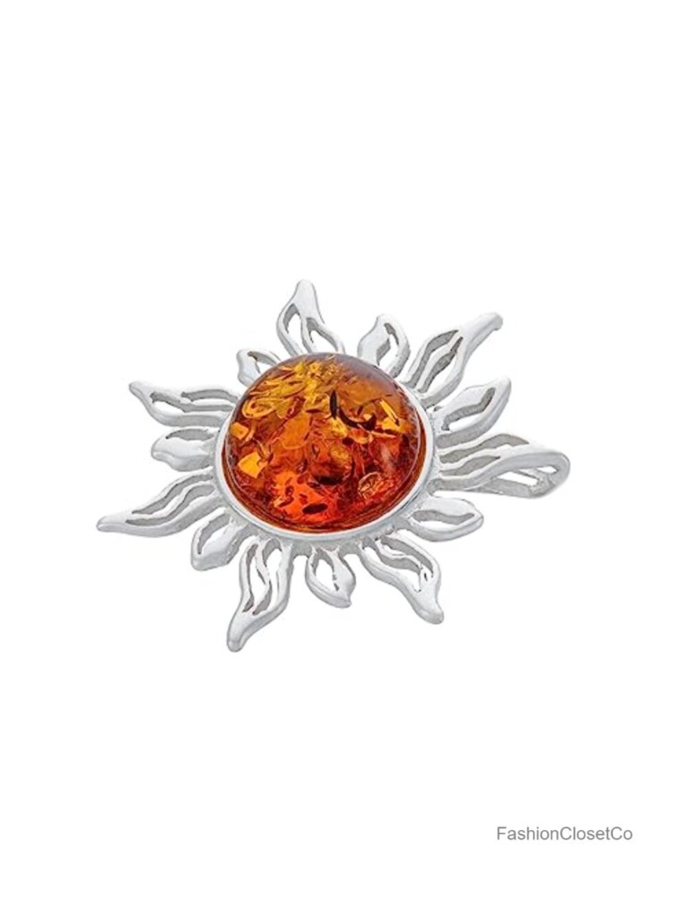 Sterling Silver Sun Brooch with Amber, Polished, Pin Clasp